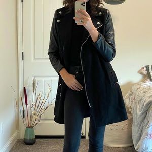 Black Long Leather and Wool Coat + Silver Hardware